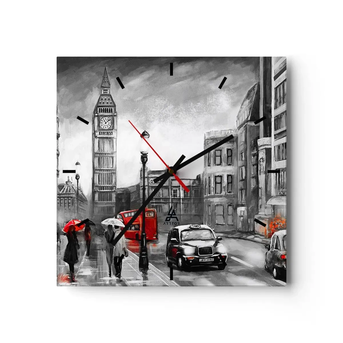 Reloj de pared - Reloj de vidrio - Una escena de Londres en blanco y negro con acentos rojos. - 30x30cm - No tan gris como la pintan - Decoración de pared moderna para salón y dormitorio ARTTOR