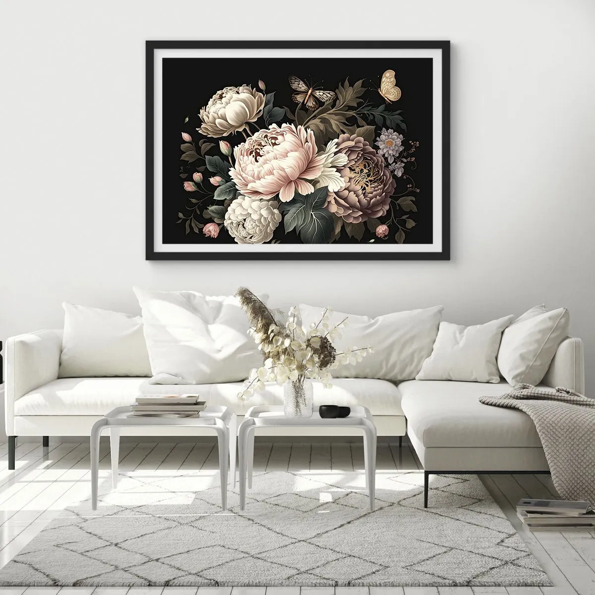 Póster en marco negro - Un ramo de flores rosas y mariposas sobre un fondo negro. - 70x50cm - En estilo barroco - Decoración de pared moderna para salón y dormitorio ARTTOR