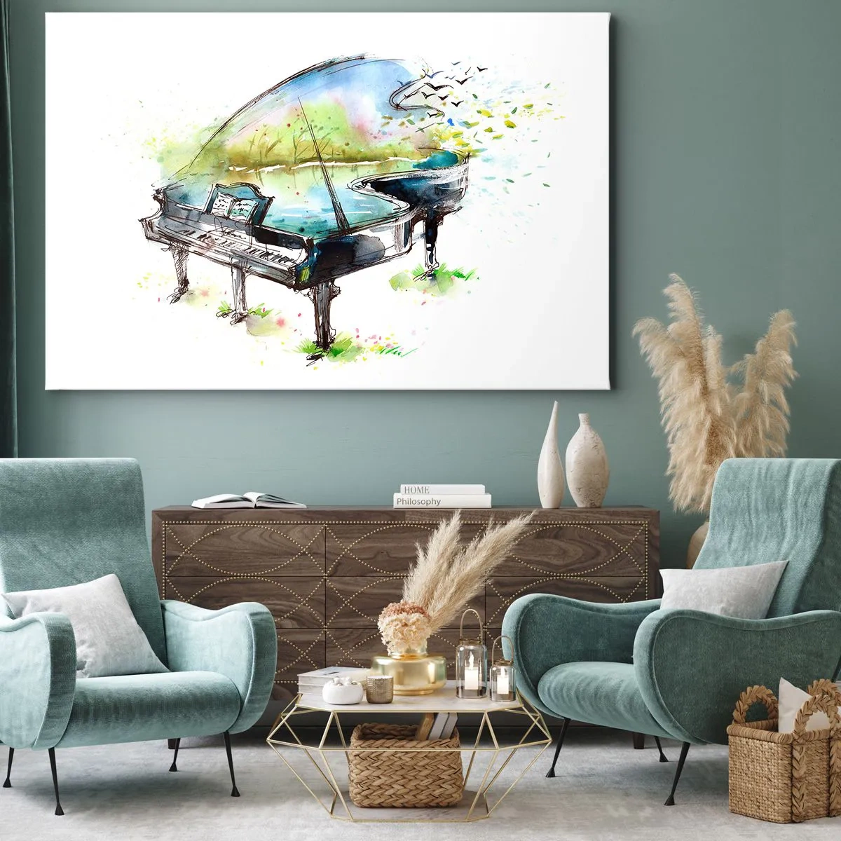 Cuadro sobre lienzo - Impresión de Imagen - Pintura artística de acuarela de un piano con la naturaleza al fondo. - 120x80cm - Encantado con la música - Decoración de pared moderna para salón y dormitorio ARTTOR