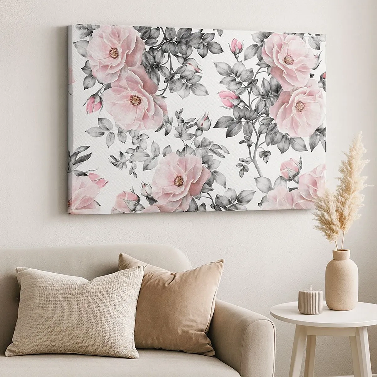 Cuadro sobre lienzo - Impresión de Imagen - Rosas rosas y hojas sobre un delicado fondo blanco y negro. - 70x50cm - Entre las rosas - Decoración de pared moderna para salón y dormitorio ARTTOR