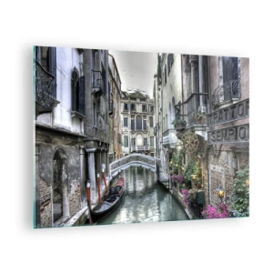 Cuadro sobre vidrio - Impresiones sobre Vidrio - Vista romántica de un canal veneciano con una góndola. - 70x50cm - Durante siglos, un sueño - Decoración de pared moderna para salón y dormitorio ARTTOR