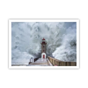 Póster - Un faro rodeado de olas fuertes - 100x70cm - El rugido de las aguas, la fuerza del viento - Decoración de pared moderna para salón y dormitorio ARTTOR