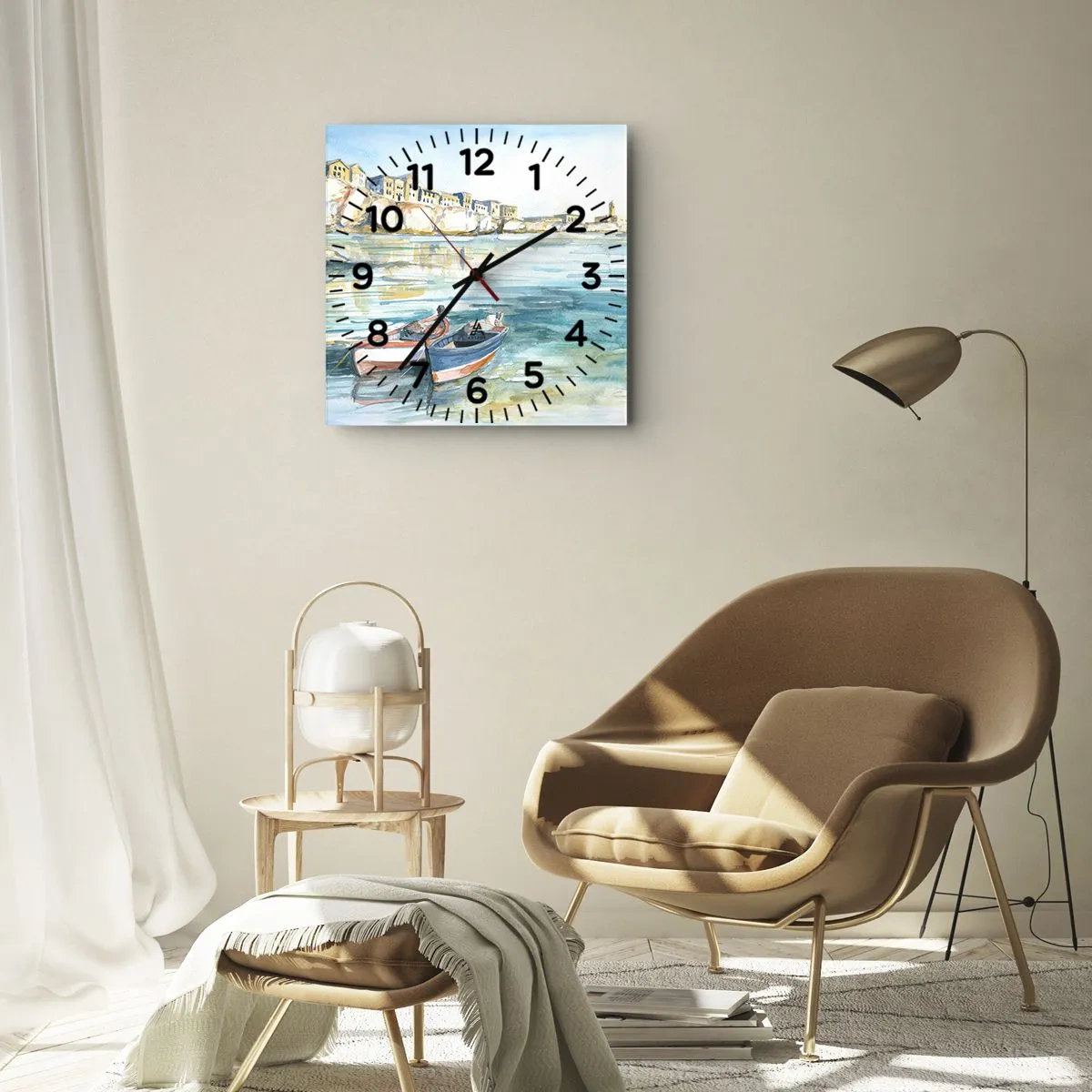 Reloj de pared - Reloj de vidrio - Paisaje en azul - 40x40 cm