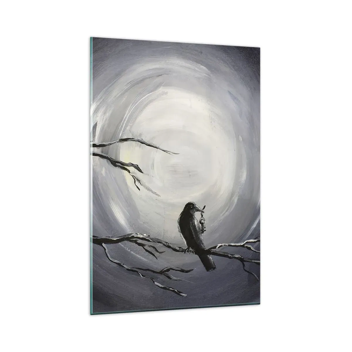 Cuadro sobre vidrio - Impresiones sobre Vidrio - Pájaro negro en una rama a la luz de la luna - 80x120cm - La clave del misterio de la noche - Decoración de pared moderna para salón y dormitorio ARTTOR