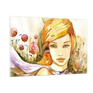 Cuadro sobre vidrio - Impresiones sobre Vidrio - Retrato de una mujer en estilo acuarela con abstracción. - 120x80cm - Una mirada que calma el alma - Decoración de pared moderna para salón y dormitorio ARTTOR