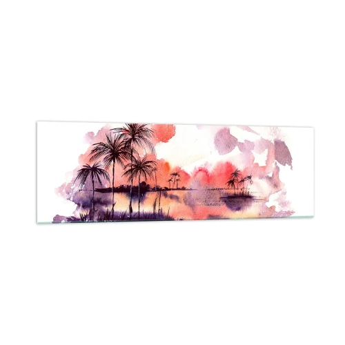 Cuadro sobre vidrio - Impresiones sobre Vidrio - Paisaje tropical con palmeras al atardecer en acuarela. - 160x50cm - La calma de los trópicos en rojo - Decoración de pared moderna para salón y dormitorio ARTTOR