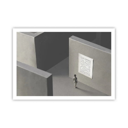 Póster - Una figura en un laberinto mirando un mapa colgado. - 100x70cm - ¿Pero dónde estoy? - Decoración de pared moderna para salón y dormitorio ARTTOR