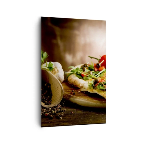 Cuadro sobre lienzo - Impresión de Imagen - Pizza con verduras sobre tabla de madera en estilo rústico - 80x120cm - Directamente del horno y del jardín - Decoración de pared moderna para salón y dormitorio ARTTOR
