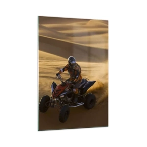Cuadro sobre vidrio - Impresiones sobre Vidrio - Un motociclista en un quad acelerando por las dunas de arena del desierto. - 70x100cm - Sobre las olas de la arena - Decoración de pared moderna para salón y dormitorio ARTTOR