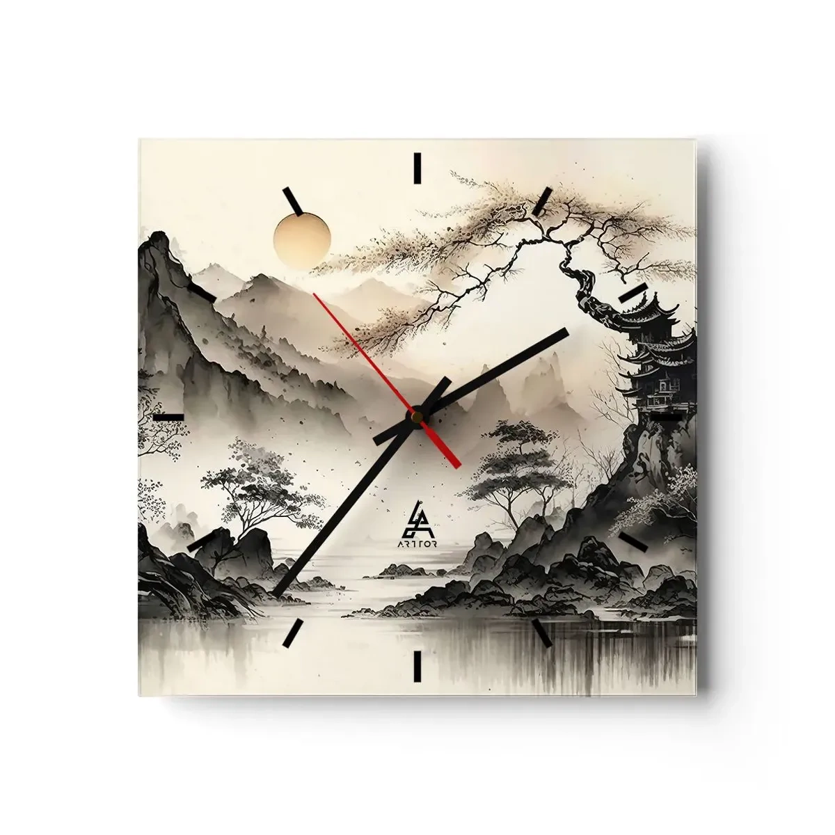 Reloj de pared - Reloj de vidrio - Un paisaje oriental con montañas y una pagoda en tonos delicados. - 30x30cm - El encanto único de Oriente - Decoración de pared moderna para salón y dormitorio ARTTOR