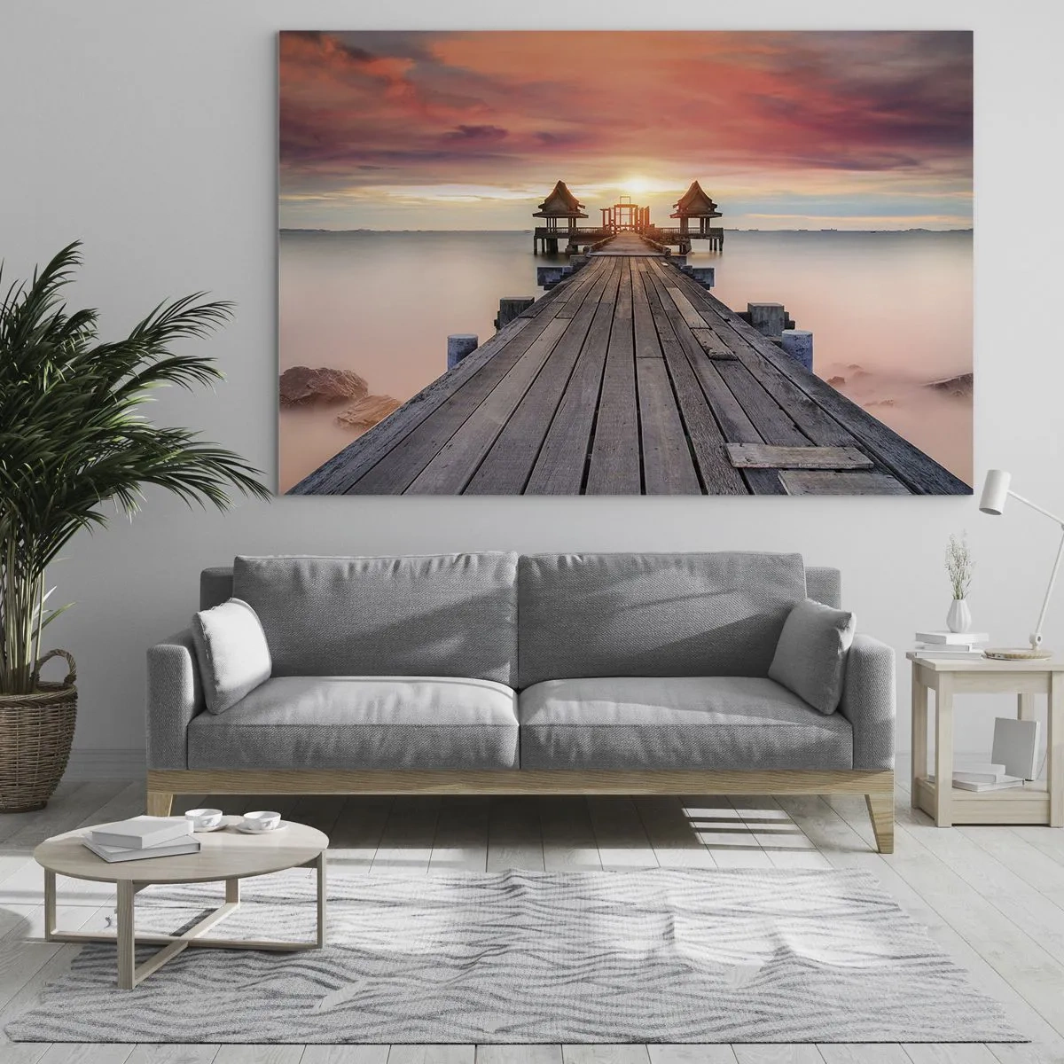 Cuadro sobre vidrio - Impresiones sobre Vidrio - Muelle de madera que conduce a los miradores junto al agua al atardecer - 100x70cm - De este a oeste - Decoración de pared moderna para salón y dormitorio ARTTOR