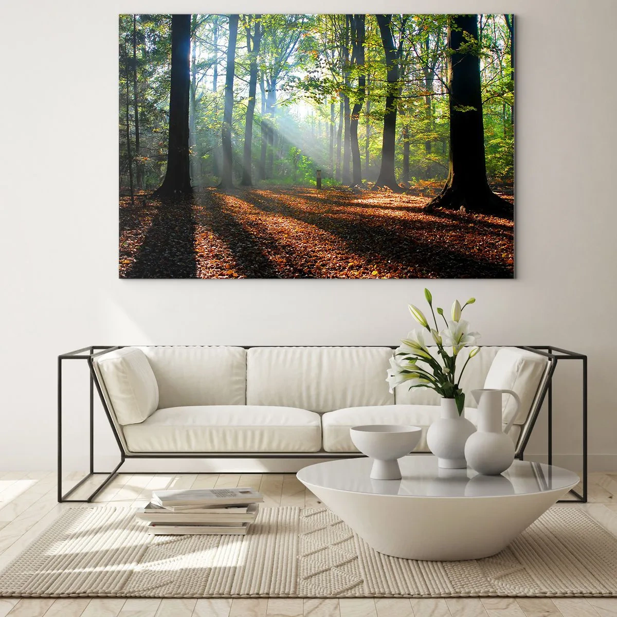 Cuadro sobre vidrio - Impresiones sobre Vidrio - Un bosque bajo los rayos del sol en un paisaje otoñal. - 70x50cm - Resplandores y sombras - Decoración de pared moderna para salón y dormitorio ARTTOR