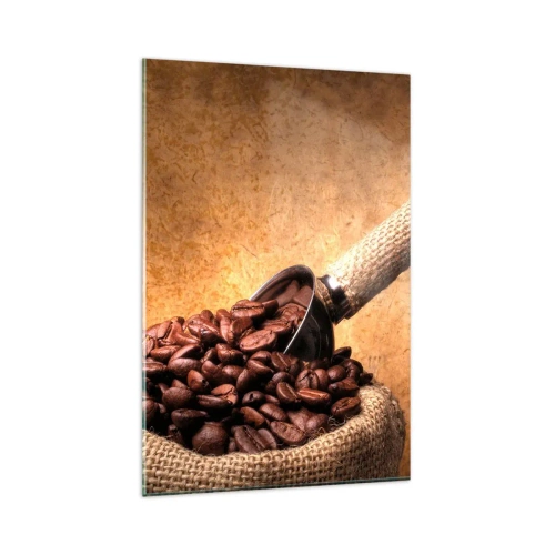 Cuadro sobre vidrio - Impresiones sobre Vidrio - Granos de café en una bolsa de yute con una cuchara de metal. - 80x120cm - En la fuente del sabor - Decoración de pared moderna para salón y dormitorio ARTTOR