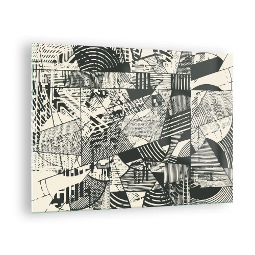 Cuadro sobre vidrio - Impresiones sobre Vidrio - Abstracción en blanco y negro con patrones geométricos dinámicos. - 70x50cm - La dinámica del presente - Decoración de pared moderna para salón y dormitorio ARTTOR