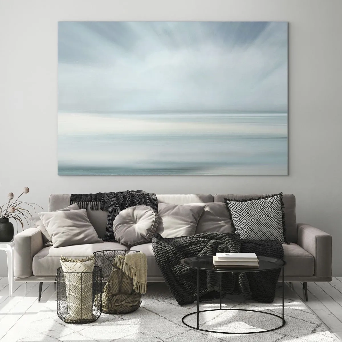 Cuadro sobre vidrio - Impresiones sobre Vidrio - Abstracción borrosa en tonos de azul, blanco y gris. - 70x50cm - Paz hasta el horizonte - Decoración de pared moderna para salón y dormitorio ARTTOR