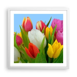 Póster en marco blanco - Arco iris floral en gotas de rocío - 50x50 cm