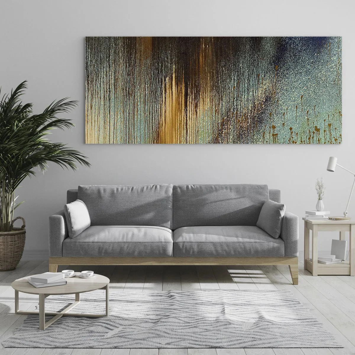 Cuadro sobre vidrio - Impresiones sobre Vidrio - Una composición abstracta de colores en tonos dorados, marrones y azules. - 140x50cm - Una composición colorista no accidental - Decoración de pared moderna para salón y dormitorio ARTTOR