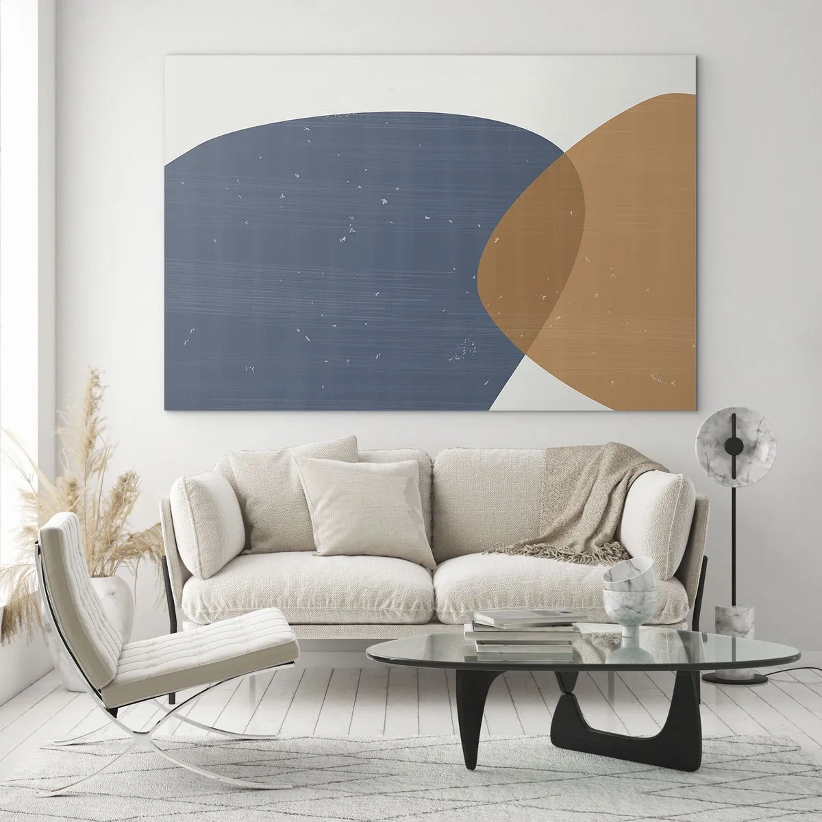 Cuadro sobre vidrio - Impresiones sobre Vidrio - Composición geométrica con óvalos azul marino y beige. - 120x80cm - Óvalos e influencias - Decoración de pared moderna para salón y dormitorio ARTTOR