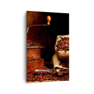 Cuadro sobre lienzo - Impresión de Imagen - Un antiguo molinillo de café con granos y una bolsa en estilo rústico. - 80x120cm - Bodegón con granos de café y molinillo - Decoración de pared moderna para salón y dormitorio ARTTOR