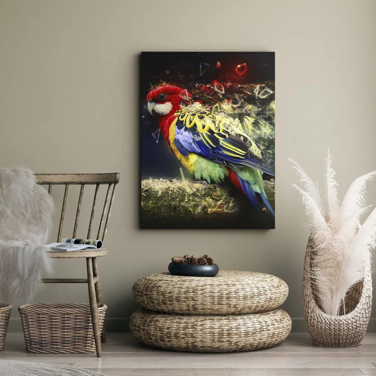 Cuadro sobre lienzo - Impresión de Imagen - Un loro en colores vivos sobre un fondo de efectos de luz. - 70x100cm - Un mensajero del glamour - Decoración de pared moderna para salón y dormitorio ARTTOR
