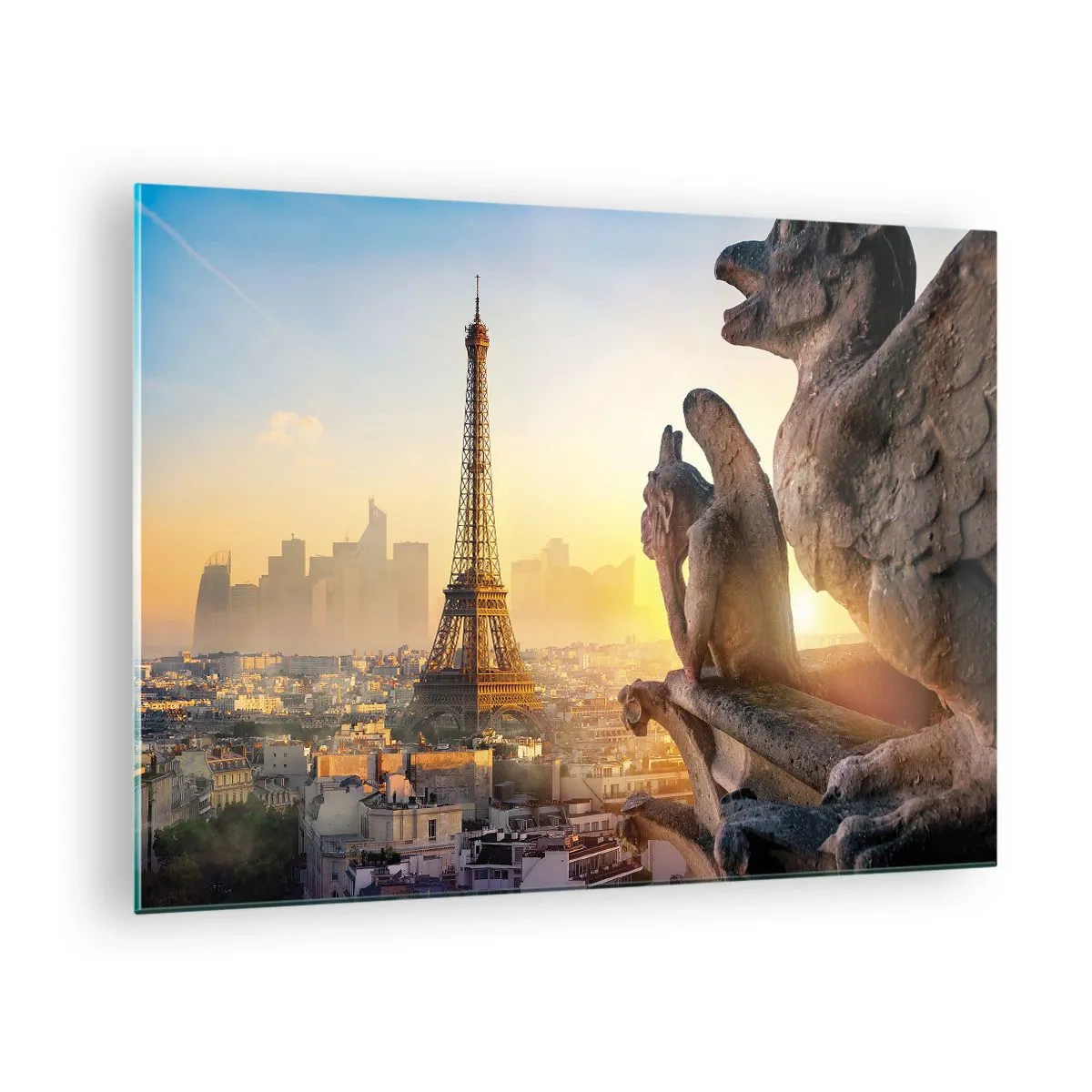Cuadro sobre vidrio - Impresiones sobre Vidrio - La Torre Eiffel en la niebla matutina, con vistas a París y esculturas góticas. - 70x50cm - Ha cambiado tanto la ciudad... - Decoración de pared moderna para salón y dormitorio ARTTOR