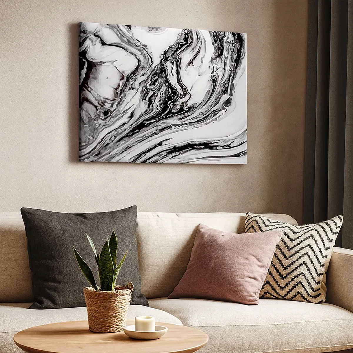 Cuadro sobre lienzo - Impresión de Imagen - Patrón de mármol abstracto en blanco y negro - 70x50cm - Al principio existía el caos - Decoración de pared moderna para salón y dormitorio ARTTOR