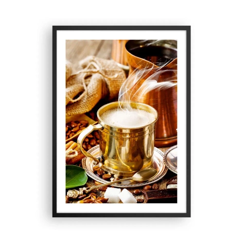 Póster en marco negro - Una taza dorada con café caliente y vapor sobre un fondo de granos de café. - 50x70cm - Que tengas un buen día - Decoración de pared moderna para salón y dormitorio ARTTOR