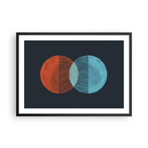 Póster en marco negro - Dos círculos naranjas y azules sobre un fondo oscuro. - 70x50cm - Fantasía astronómica - Decoración de pared moderna para salón y dormitorio ARTTOR