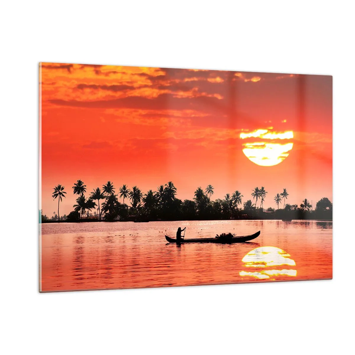 Cuadro sobre vidrio - Impresiones sobre Vidrio - Puesta de sol sobre el río con palmeras y un barco. - 120x80cm - La paz de los trópicos al atardecer - Decoración de pared moderna para salón y dormitorio ARTTOR