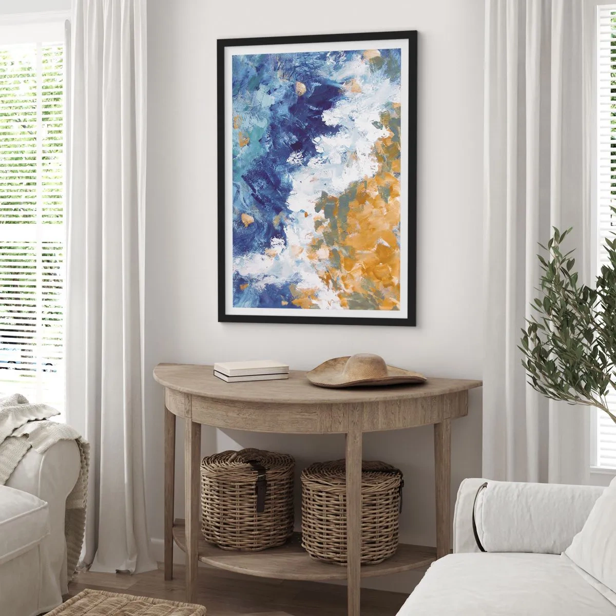 Póster en marco negro - Una composición abstracta en tonos azul, blanco y dorado. - 50x70cm - Danza de los elementos - Decoración de pared moderna para salón y dormitorio ARTTOR