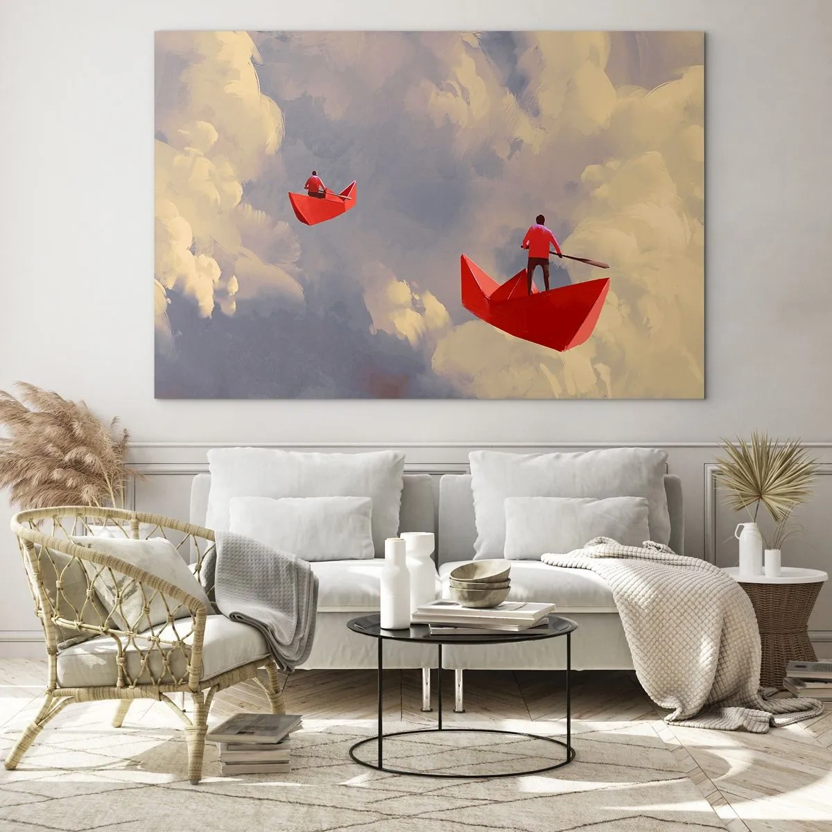 Cuadro sobre vidrio - Impresiones sobre Vidrio - Dos personas en botes rojos contra un cielo nublado - 100x70cm - El viaje de un soñador - Decoración de pared moderna para salón y dormitorio ARTTOR