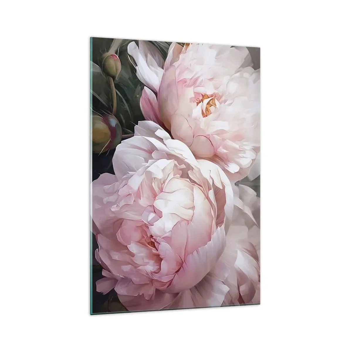 Cuadro sobre vidrio - Impresiones sobre Vidrio - Delicadas peonías rosas en plena floración. - 70x100cm - En flor - Decoración de pared moderna para salón y dormitorio ARTTOR