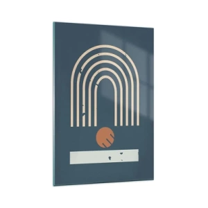 Cuadro sobre vidrio - Impresiones sobre Vidrio - Patrón geométrico en tonos azul marino, beige y naranja sobre un fondo oscuro. - 80x120cm - Geometría sobre azul marino - Decoración de pared moderna para salón y dormitorio ARTTOR