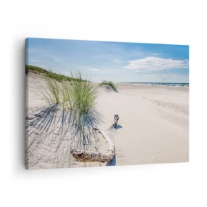 Cuadro sobre lienzo - Impresión de Imagen - Una playa báltica con arena, césped y un cielo azul tranquilo. - 70x50cm - ¿La más bella? Báltico - Decoración de pared moderna para salón y dormitorio ARTTOR