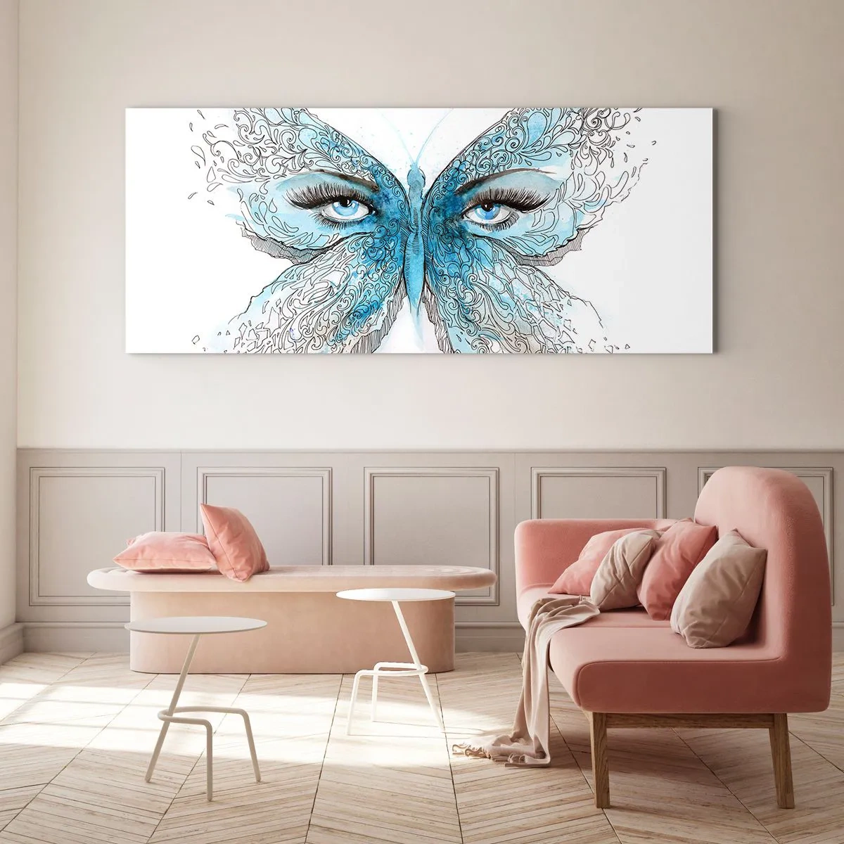 Cuadro sobre vidrio - Impresiones sobre Vidrio - Acuarela artística de una mariposa con ojos azules. - 120x50cm - Mirada de mariposa - Decoración de pared moderna para salón y dormitorio ARTTOR