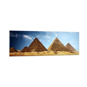 Cuadro sobre vidrio - Impresiones sobre Vidrio - Las pirámides de Giza contra un cielo azul y un paisaje desértico. - 160x50cm - 40 siglos te observan - Decoración de pared moderna para salón y dormitorio ARTTOR