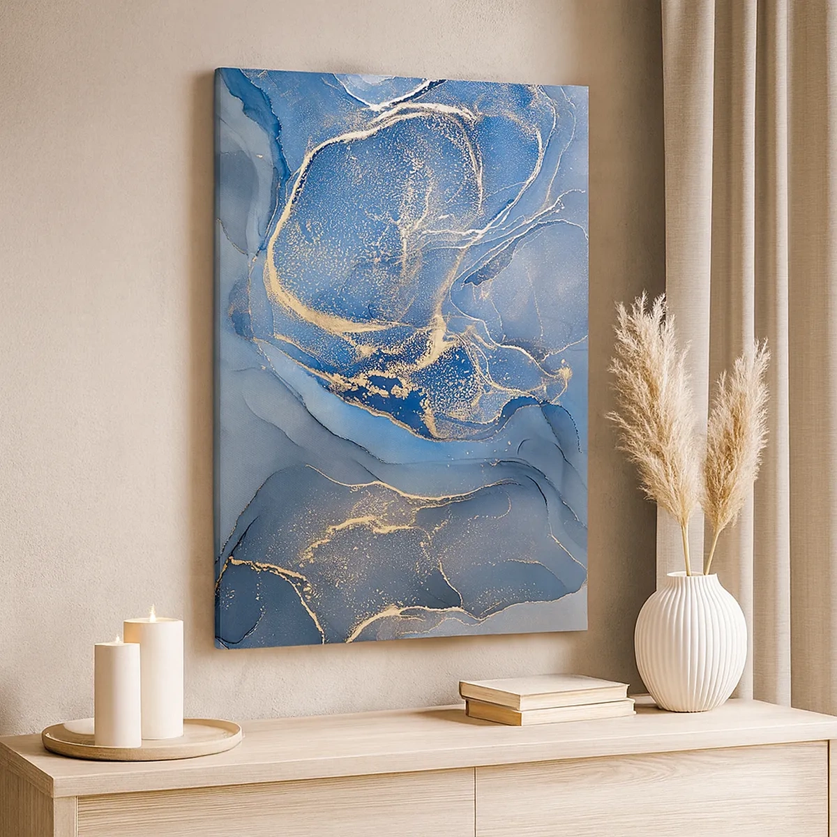 Cuadro sobre lienzo - Impresión de Imagen - Patrones abstractos azules con acentos dorados - 50x70cm - Polvo de oro - Decoración de pared moderna para salón y dormitorio ARTTOR