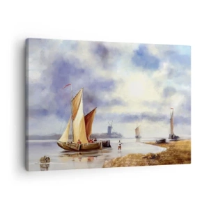 Cuadro sobre lienzo - Impresión de Imagen - Veleros en aguas tranquilas con molinos de viento al fondo - 70x50cm - El regreso de los marineros - Decoración de pared moderna para salón y dormitorio ARTTOR