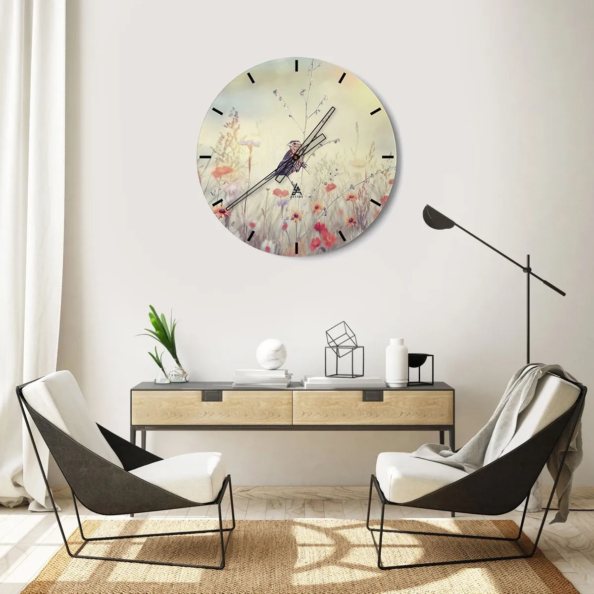 Reloj de pared - Reloj de vidrio - Retrato de pájaro con prado de fondo - 30x30 cm