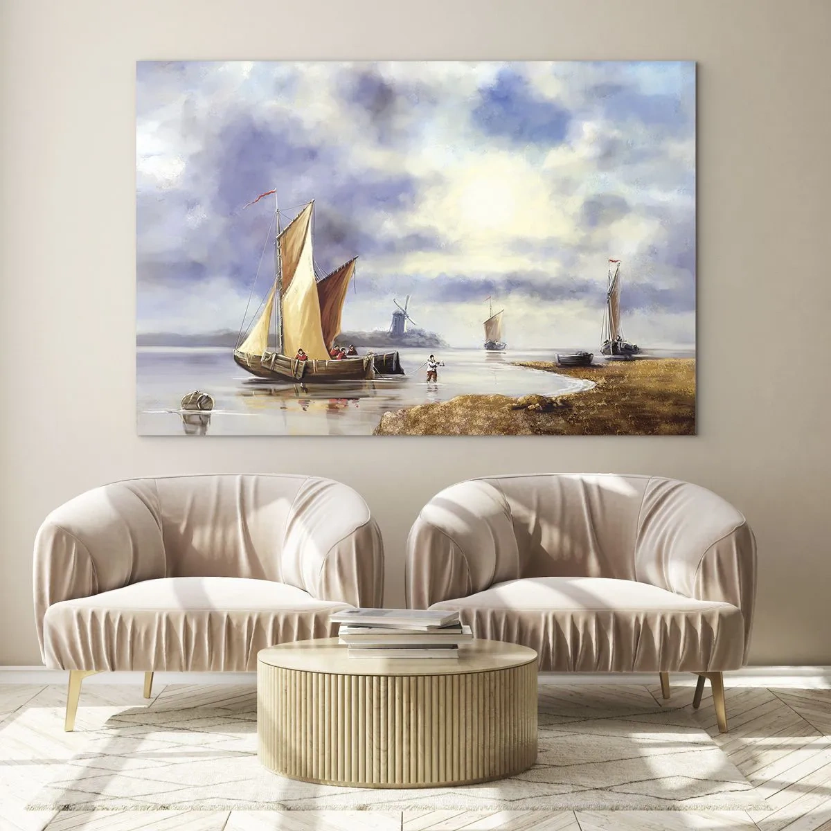 Cuadro sobre vidrio - Impresiones sobre Vidrio - Veleros en un lago tranquilo con molinos de viento al fondo - 120x80cm - El regreso de los marineros - Decoración de pared moderna para salón y dormitorio ARTTOR