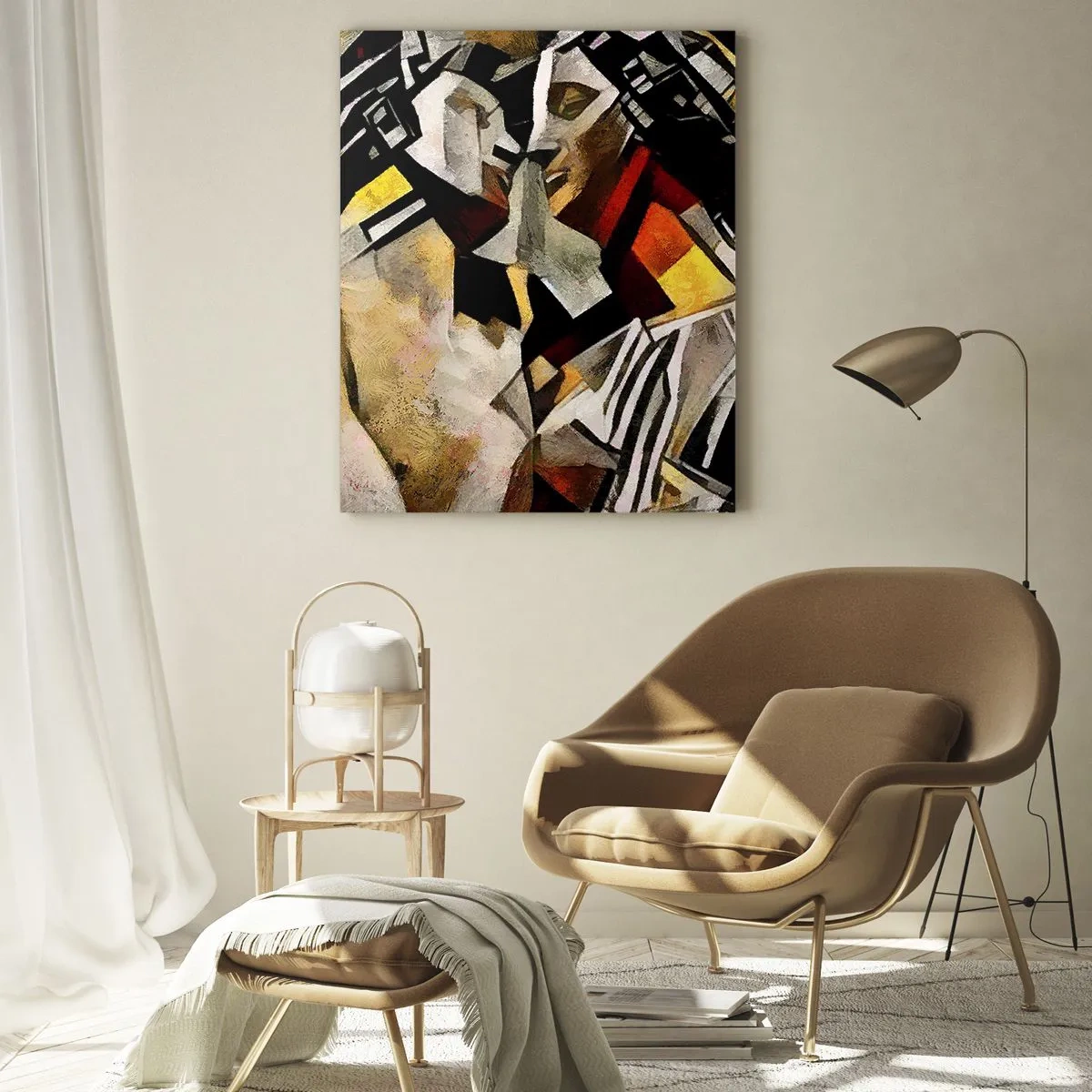 Cuadro sobre vidrio - Impresiones sobre Vidrio - Pareja abstracta en patrones geométricos - 50x70cm - Un beso escultural - Decoración de pared moderna para salón y dormitorio ARTTOR