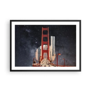Póster en marco negro - El puente Golden Gate con la ciudad al fondo contra un cielo estrellado - 70x50cm - Siempre en el centro - Decoración de pared moderna para salón y dormitorio ARTTOR