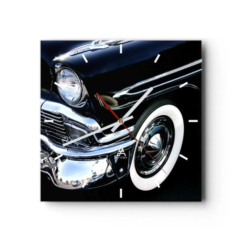 Reloj de pared - Reloj de vidrio - Primer plano del faro y el guardabarros de un coche clásico negro - 30x30cm - Clásicos en plata, negro y blanco - Decoración de pared moderna para salón y dormitorio ARTTOR