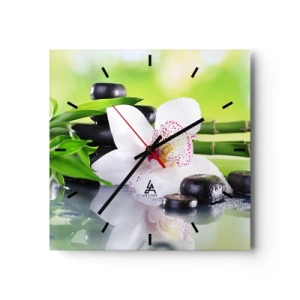 Reloj de pared - Reloj de vidrio - Orquídea, piedras y bambú en una armoniosa composición de spa. - 30x30cm - Frescura - Decoración de pared moderna para salón y dormitorio ARTTOR