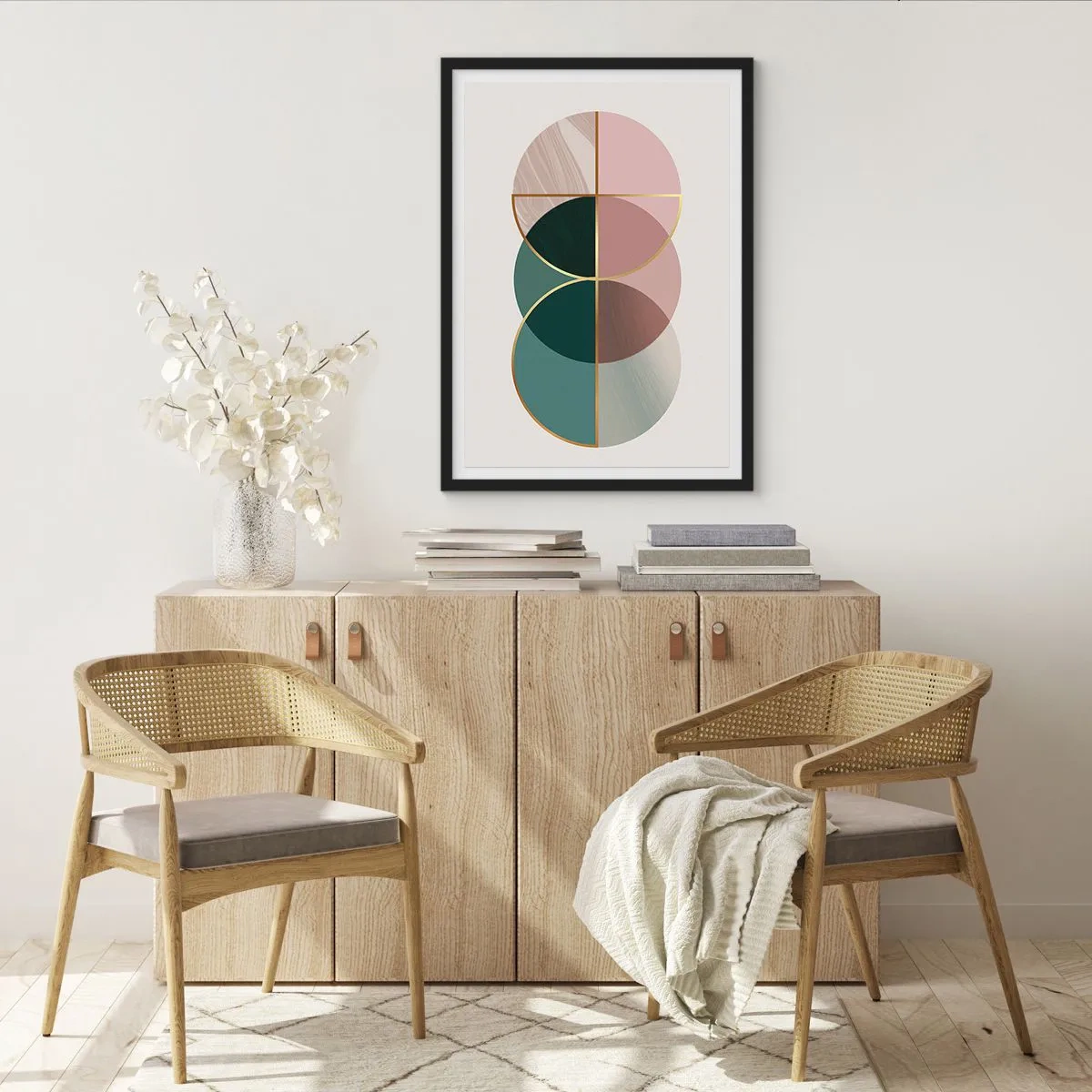 Póster en marco negro - Composición geométrica abstracta con círculos y oro. - 50x70cm - Círculo tras círculo... - Decoración de pared moderna para salón y dormitorio ARTTOR