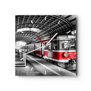 Reloj de pared - Reloj de vidrio - Tren rojo en la estación bajo techo. - 30x30cm - ¿El viaje de su vida? - Decoración de pared moderna para salón y dormitorio ARTTOR