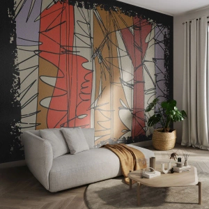 Fotomural Premium Sand - Troncos de árboles gráficos en vibrantes colores otoñales. - 100x70cm - Composición espontánea - Decoración de pared moderna para salón y dormitorio ARTTOR