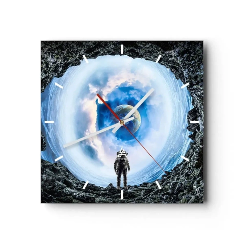 Reloj de pared - Reloj de vidrio - Astronauta frente a un paisaje espacial con la Tierra al fondo - 30x30cm - No muy lejos de casa - Decoración de pared moderna para salón y dormitorio ARTTOR