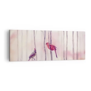 Cuadro sobre lienzo - Impresión de Imagen - Una pareja de cardenales posados en las ramas en un paisaje pastel. - 140x50cm - Historia de un bosque rosa - Decoración de pared moderna para salón y dormitorio ARTTOR