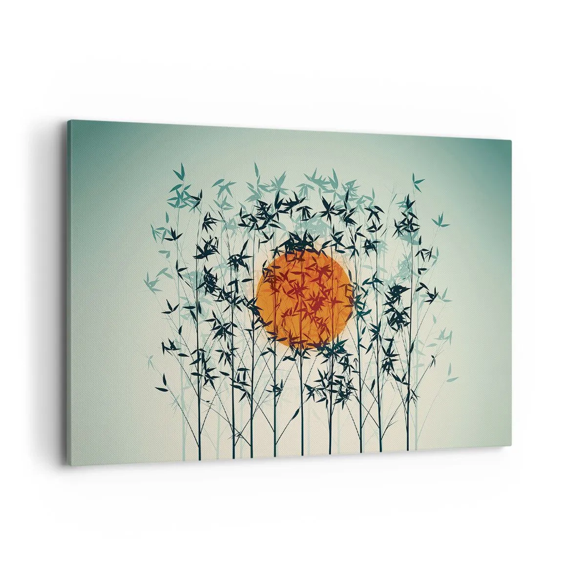 Cuadro sobre lienzo - Impresión de Imagen - Sol naranja entre las ramas de bambú. - 100x70cm - El sol de Japón - Decoración de pared moderna para salón y dormitorio ARTTOR
